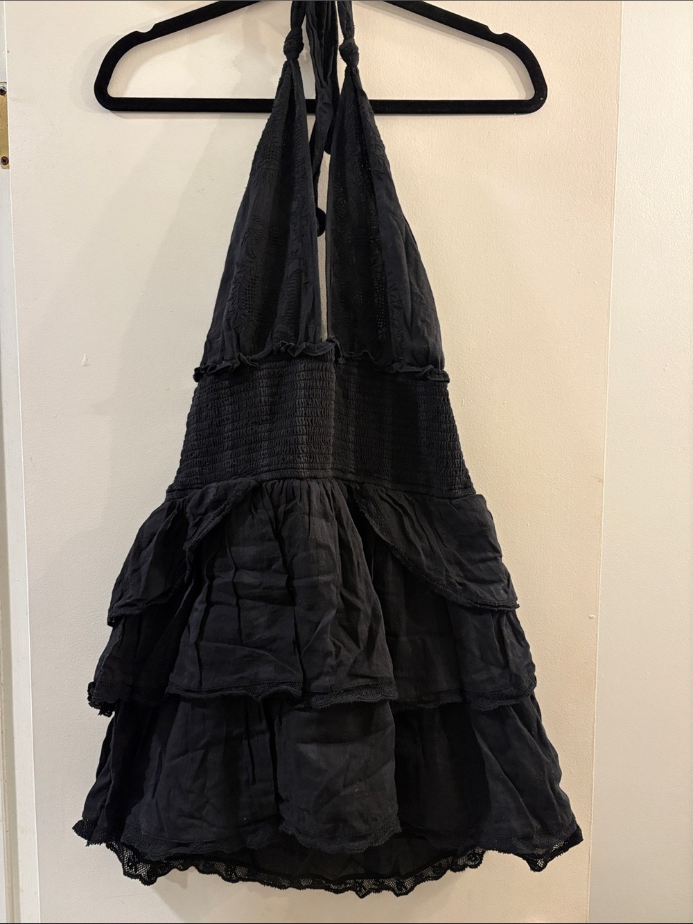 LoveShackFancy Black Tiered Halter Mini Dress